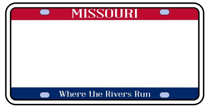 Blank Missouri state license plate in the colors of the state flag over a white background