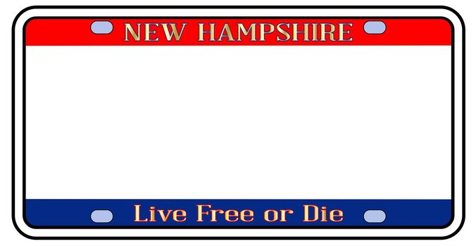Blank New Hampshire license plate in the colors of the state flag over a white background