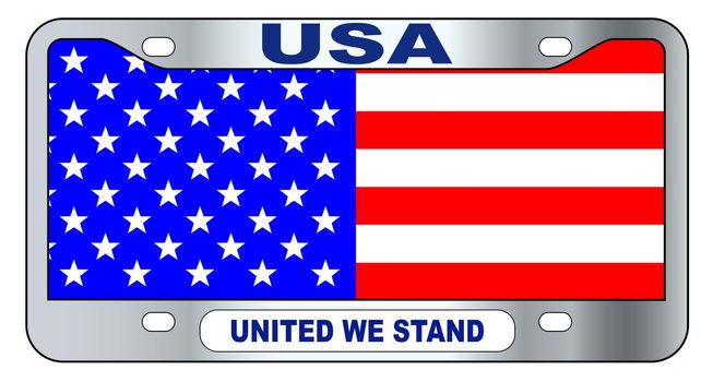 USA spoof state license plate in the colors of the Stars and Stripes flag over a white background with the legend United We Stand