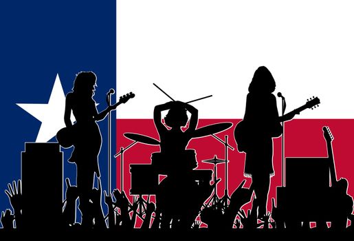 The flag of the USA state of TEXAS as a background to a girl band lineup