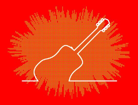 A acoustic guitar in a continuous white line over a red and yellow exxplosion background