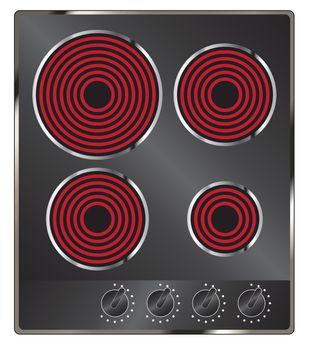An electric hob turned on showing four red hot plates