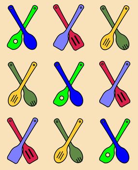 A collection of wooden kitchen tools in a seamless repeating pattern over a pale background