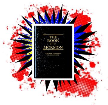 A comic cartoon style boom explosion set eith a Book of Mormon over a white background