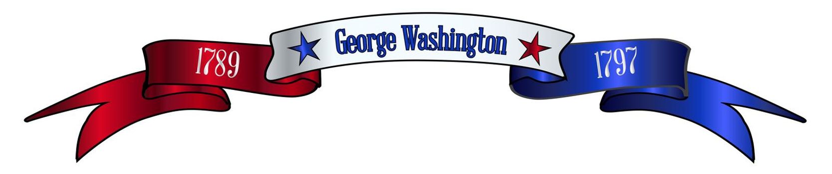 A red white and blue satin or silk ribbon banner with the text George Washington and stars