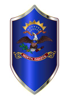 A typical crusader type shield with the state flag of North Dakota all isolated on a white background