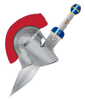 A typical roman gladiators metal helmet and sword over a white background