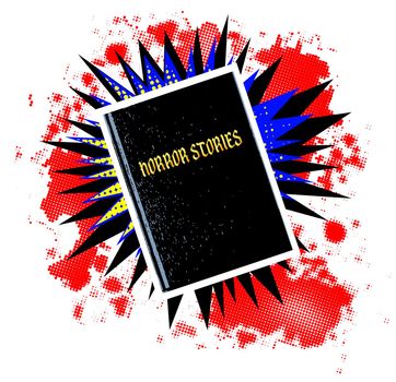 A comic cartoon style boom explosion set with a horror stories book over a white background