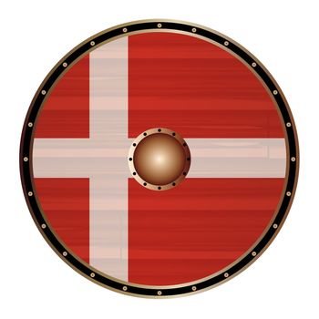 A Viking round shield with the Danish flag color design isolated on a white background