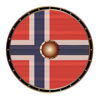 A Viking round shield with the Norwegian flag color design isolated on a white background