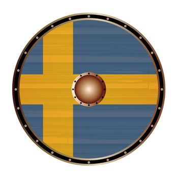 A Viking round shield with the Swedish flag color design isolated on a white background