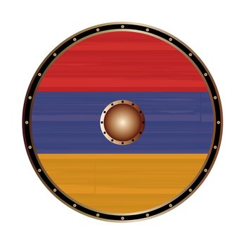 A Viking round shield with the Armenia flag color design isolated on a white background