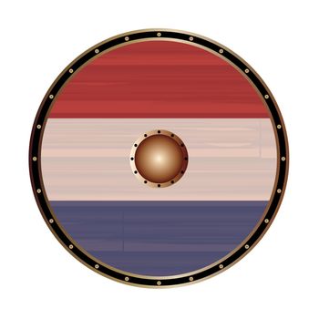 A Viking round shield with the Netherlands flag color design isolated on a white background