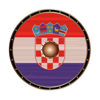 A Viking style round shield with the Croatian flag color design isolated on a white background
