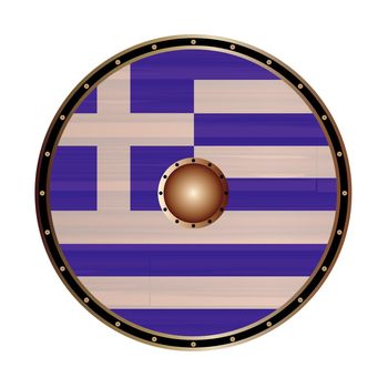 A Viking round shield with the Greek flag color design isolated on a white background