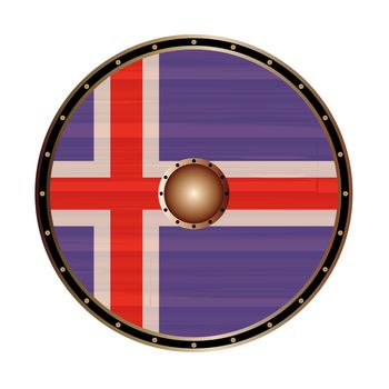 A Viking style round shield with the Iceland flag color design isolated on a white background