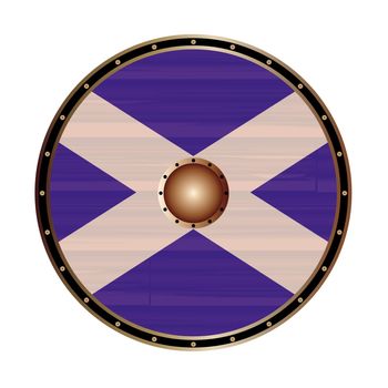 A Viking style round shield with the Scottish flag isolated on a white background