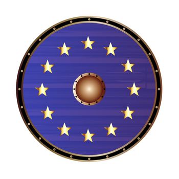 A round shield a depiction of the EU flag on a white background