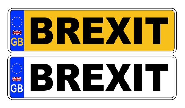 The UK Eu number plate front and rear over a white background with BREXIT text on both