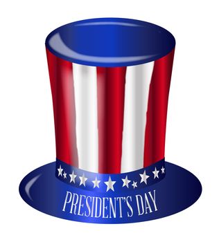 A top hat with a star spangled banner colors and stars over a white background and text Presidents Day