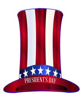 Red white and blue stars and stripes Uncle Sam tall hat with text Presidents Day