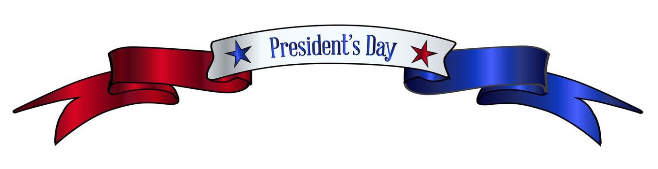 A red white and blue satin or silk ribbon banner with the text Presidents Day and stars