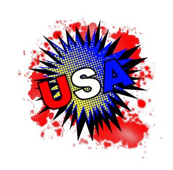 A comic cartoon style USAexclamation explosion in red white and blue over a white background