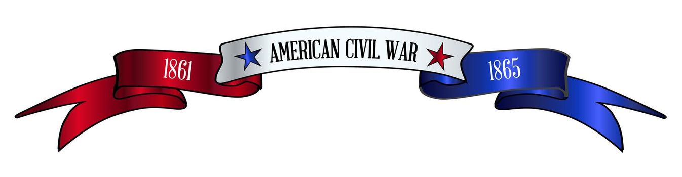 A red white and blue satin or silk ribbon banner with the text American Civil War and stars