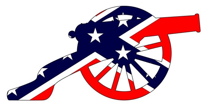 Typical American civil war cannon gun with Southern Rebel flag isolated on a white background