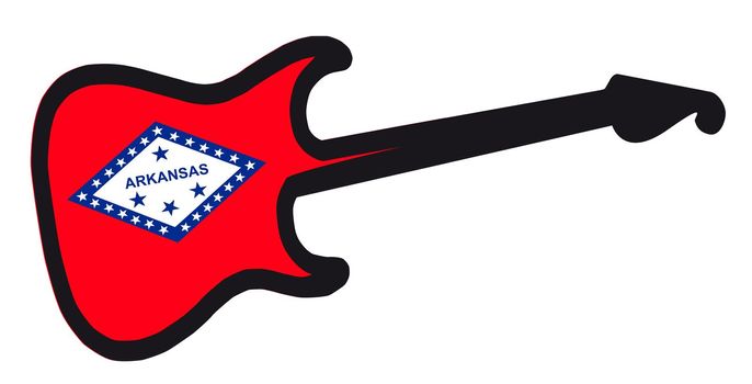 An original solid body electric guitar isolated over white with the Arkansas state flag