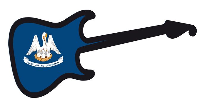 An original solid body electric guitar isolated over white with the Louisiana state flag