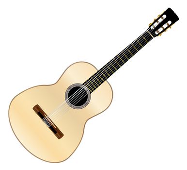 A typical Flamenco Spanish acoustic guitar isolated over a white background.