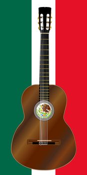A typical Flamenco Spanish acoustic guitar set on the Mecican flag colors