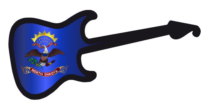 An original solid body electric guitar isolated over white with the North Dakota state flag