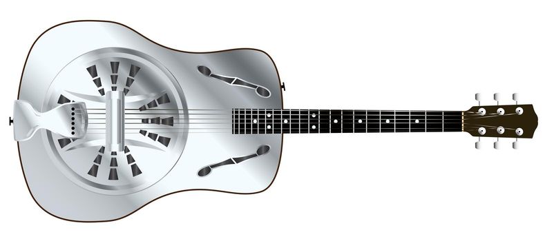 A typical metal resonator acoustic guitar isolated over a white background.