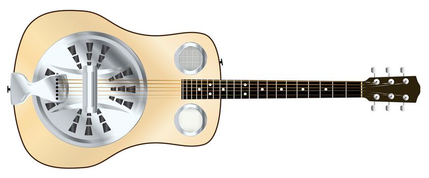 A typical metal resonator om a wood acoustic guitar isolated over a white background.