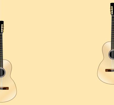 A typical Flamenco Spanish acoustic guitar set in 2 halves on a pale yellow background