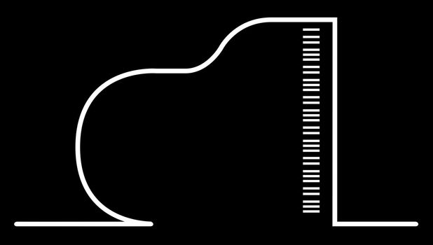 Top view of a grand piano in white continuous outline over black