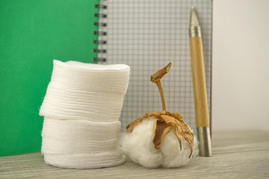 Natural cotton stem boll and stack of makeup remover facial cotton pads placed in front of of wire bound notepad. Organic production concept