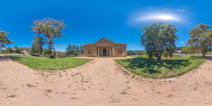 Spherical 360 panorama photograph of the Hartley Courthouse at the Hartley Historical Village near Lithgow in the Central Tablelands in regional New South Wales in Australia