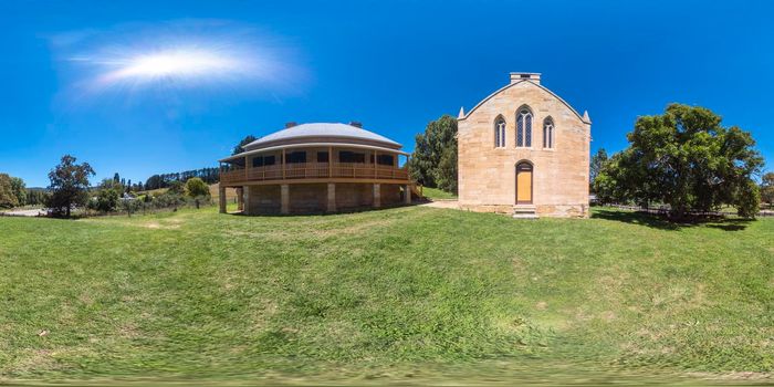 Spherical 360 panorama photograph of Saint Bernards Catholic Church at the Hartley Historical Village near Lithgow in the Central Tablelands in regional New South Wales in Australia