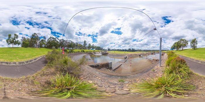 Spherical 360 panorama photograph of the Olympic Whitewater Stadium in Penrith in regional New South Wales in Australia