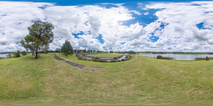 Spherical 360 panorama photograph of the Olympic Whitewater Stadium in Penrith in regional New South Wales in Australia