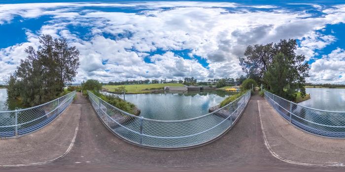 Spherical 360 panorama photograph of the Olympic Whitewater Stadium in Penrith in regional New South Wales in Australia