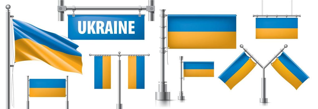 Vector set of the national flag of Ukraine in various creative designs.