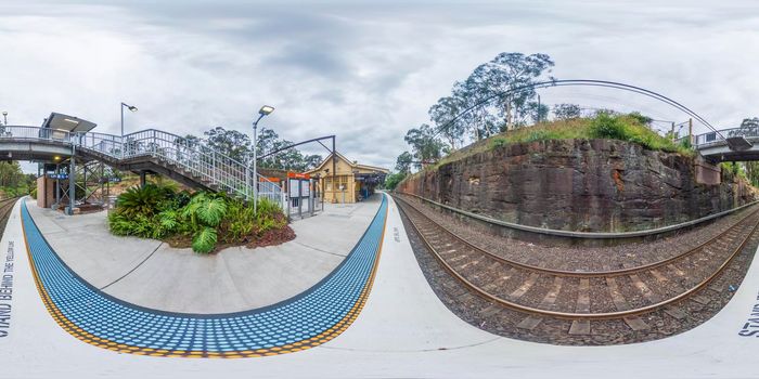 Spherical 360 panoramic photograph of the train station in Glenbrook in The Blue Mountains in regional New South Wales in Australia