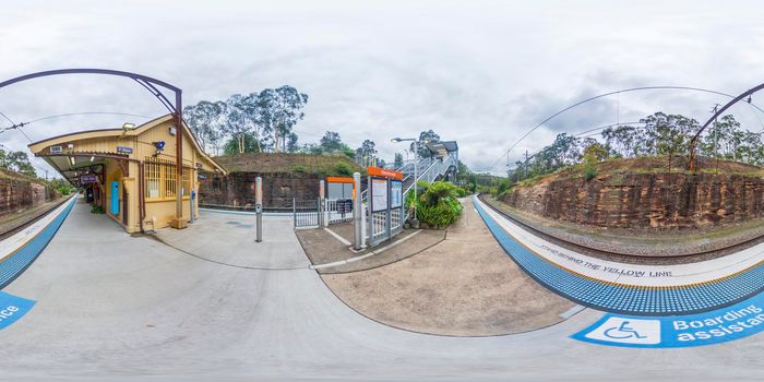 Spherical 360 panoramic photograph of the train station in Glenbrook in The Blue Mountains in regional New South Wales in Australia