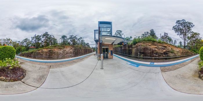 Spherical 360 panoramic photograph of the train station in Glenbrook in The Blue Mountains in regional New South Wales in Australia