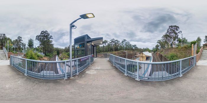 Spherical 360 panoramic photograph of the train station in Glenbrook in The Blue Mountains in regional New South Wales in Australia