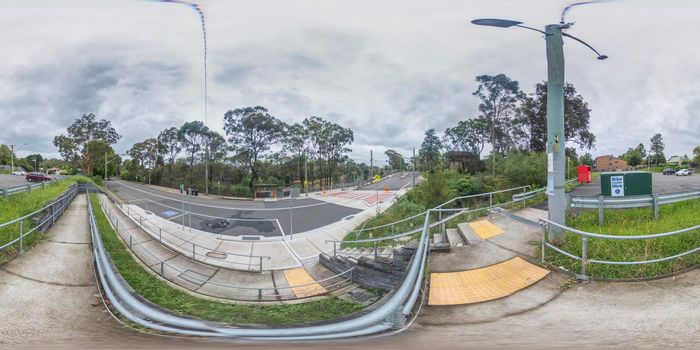 Spherical 360 panoramic photograph of the train station in Glenbrook in The Blue Mountains in regional New South Wales in Australia